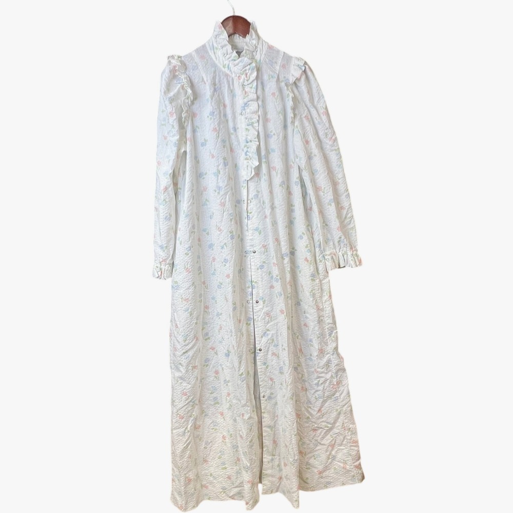 Miss Elaine VTG Floral‎ Housecoat Pockets Ruffled Collar Cottagecore Robe
